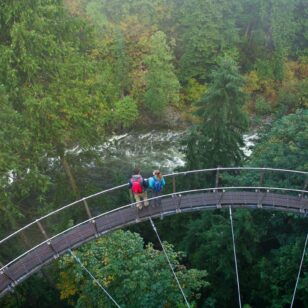 两个穿着雨衣的人在温哥华的卡皮拉诺吊桥上游览